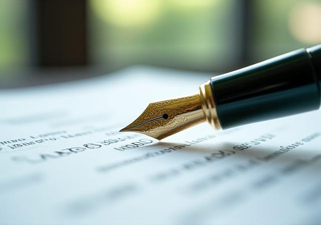 Close up of a professional fountain pen resting on a meticulously drafted legal contract